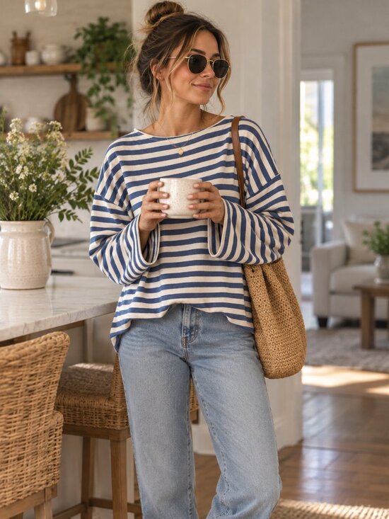 aerie Sweaters - Aerie Blue Cream Striped Oversized Boat Neck Sweater Top M